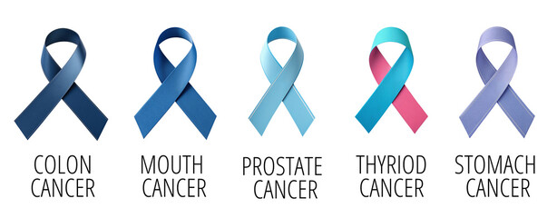 3D cancer awareness ribbons for colon, mouth, prostate, thyroid and stomach cancer support, isolated on transparent background