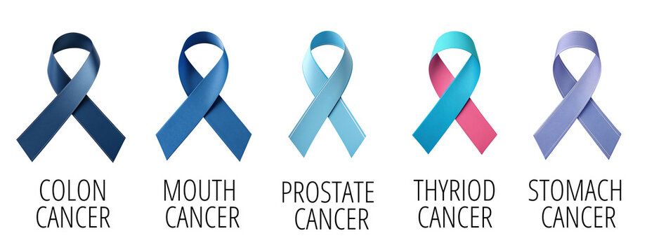 3D cancer awareness ribbons for colon, mouth, prostate, thyroid and stomach cancer support, isolated on transparent background