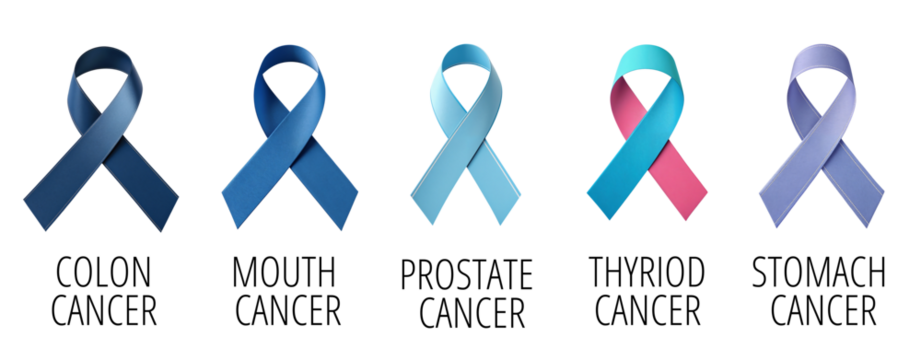 3D cancer awareness ribbons for colon, mouth, prostate, thyroid and stomach cancer support, isolated on transparent background
