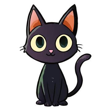 Cute Cartoon Black Cat in Watercolor Style &ndash; Spooky Halloween Holiday Illustration

