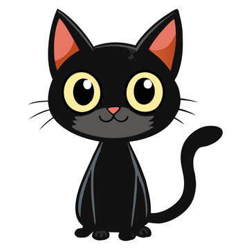 Cute Cartoon Black Cat in Watercolor Style &ndash; Spooky Halloween Holiday Illustration

