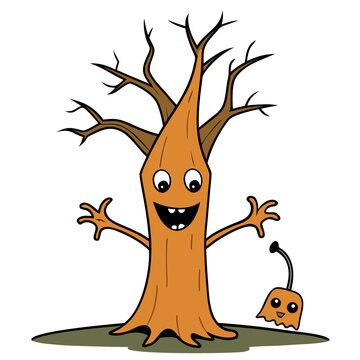 Cute Cartoon Halloween Haunted Tree in Watercolor Style &ndash; Spooky Holiday Illustration

