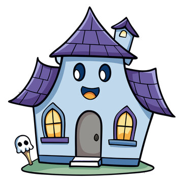 Cute Cartoon Haunted House in Watercolor Style &ndash; Spooky Halloween Holiday Illustration

