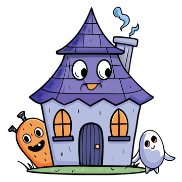 Cute Cartoon Haunted House in Watercolor Style &ndash; Spooky Halloween Holiday Illustration

