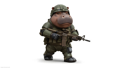 Cute 3D Hippo Soldier in Tactical Gear Carrying Rifle