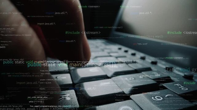 A close-up image featuring hands typing on a keyboard with streams of programming code and digital symbols, illustrating the intricacies of software development and technology. Xenic