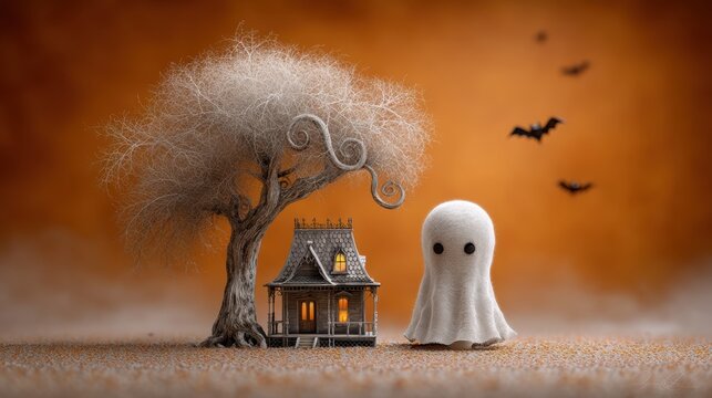 Whimsical halloween landscape with floating ghosts