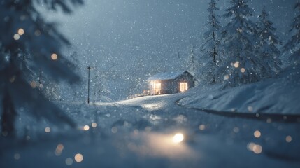 Snowy cabin road at night, winter wonderland, snowfall background; holiday card