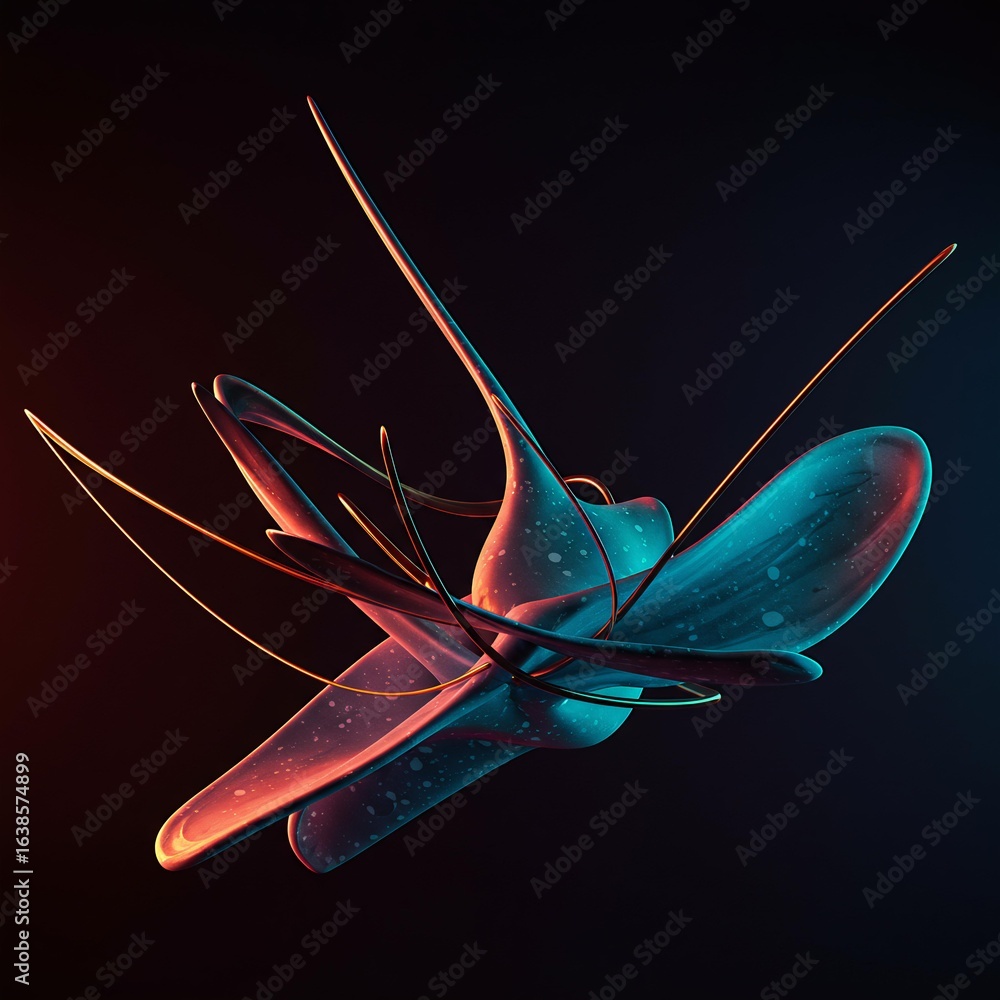 Poster abstract dynamic fluid shape with neon cyan and red illumination.