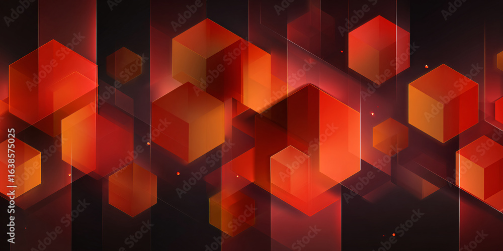 Poster abstract geometric background with cubes. red square figures on dark background. banner. 3d. glow.