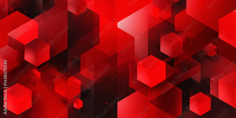 Poster abstract geometric background with cubes. red square figures on dark background. banner. 3d. glow.
