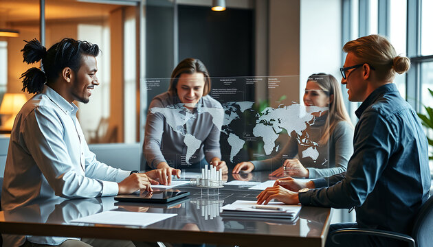 A diverse group of professionals engaged in a collaborative discussion around a table, possibly during a meeting. They appear focused and engaged.