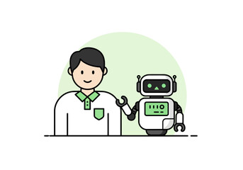 Friendly robot and human man standing together, symbolizing artificial intelligence, technology, and future partnership