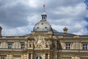 Architectural fragments of Luxembourg Palace, home to the Senate of France and the Musee du Luxembourg, in the Jardin du Luxembourg. Paris, France.