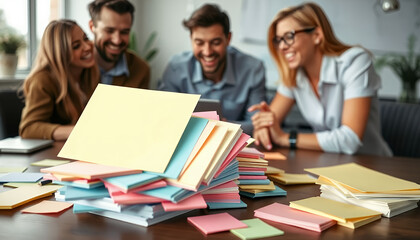 A team of colleagues collaborating and brainstorming together, surrounded by vibrant sticky notes and papers, sharing smiles and ideas