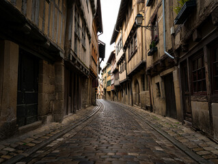 Narrow cobblestone alleyway lined with old historic buildings in a european town