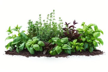 Obraz premium Close-up of fresh basil and thyme plants in herb garden isolated