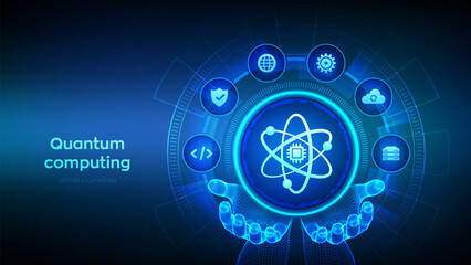 Quantum computing technology concept. Quantum qubit intelligent computing. Data analytics. Quantum computing icon in wireframe hands. AI. Artificial intelligence. Deep learning. Vector illustration.