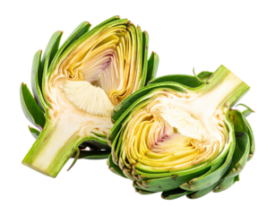 Fresh artichoke cut in half showing inner texture and layers isolated on transparent background