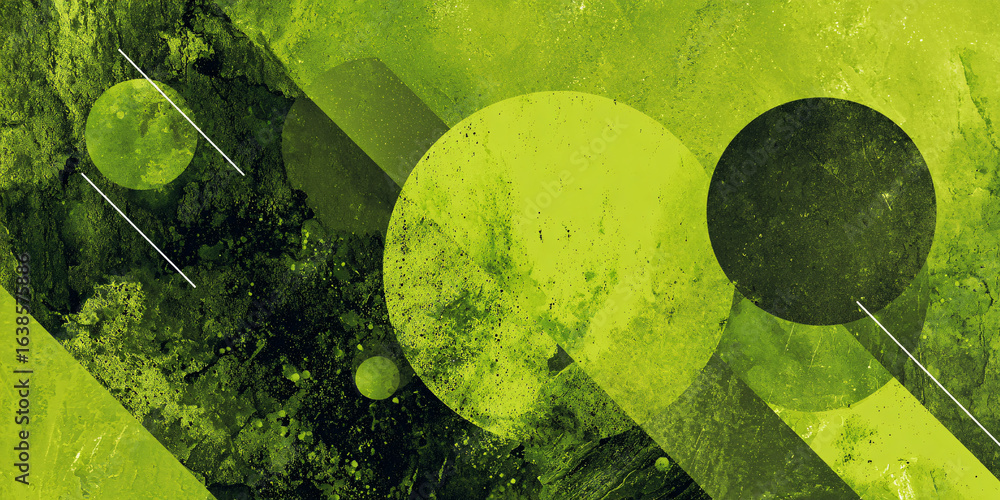 Poster abstract geometric green background with circles. splashes and prints of paint of different shades. 