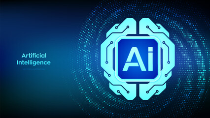 Digital brain icon. AI. Artificial Intelligence technology concept. Neural network. Machine learning. Big data analysis. Binary code background with digits 1.0. Binary Data Flow. Vector illustration.