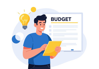 A man holding a tablet and looking at a budget document with a lightbulb icon, representing financial planning and ideas