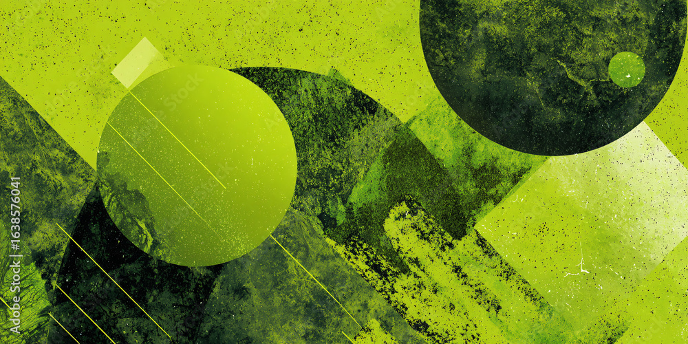 Poster abstract geometric green background with circles. splashes and prints of paint of different shades. 
