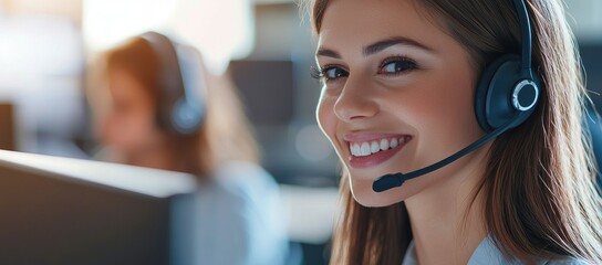 Cheerful female call center representative wearing headset offering professional customer assistance and support services in a modern office environment for business communication needs