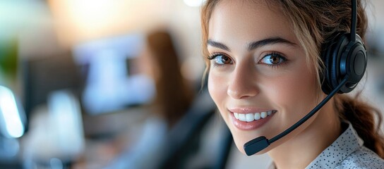 Friendly call center representative wearing a headset and smiling while assisting customers, ideal for customer service, corporate communication, and support marketing visuals