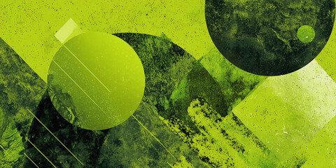 Abstract geometric green background with circles. Splashes and prints of paint of different shades. Shabby grunge texture. Distressed circles and lines.