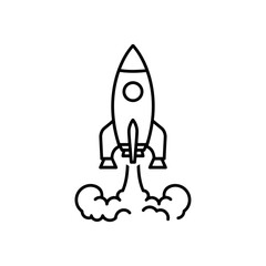 Rocket launch with smoke and fire, isolated on white background