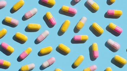 Pattern of colorful capsules on a vibrant blue surface, with long shadows