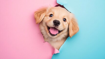 adorable happy puppy breaking through colored paper with a playful smile