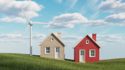 Two colorful houses stand on a green hill, accompanied by a wind turbine under a bright blue sky with fluffy clouds.