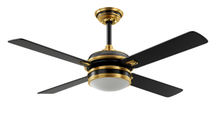 Stylish ceiling fan black and gold design white background 