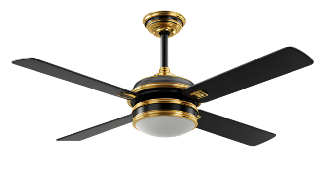 Stylish ceiling fan black and gold design white background 