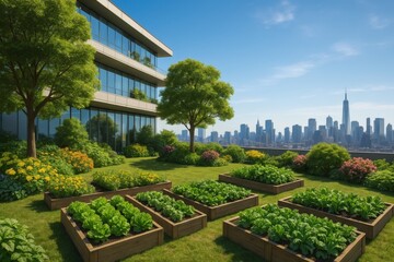 urban garden on rooftop with city skyline in the background