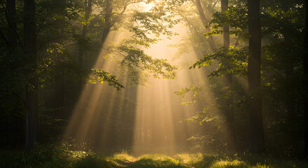 Obraz premium Golden sunbeams pierce through a lush green forest canopy, illuminating a path with a mystical, ethereal glow.