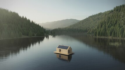 Obraz premium A serene floating cabin on a lake, surrounded by lush green mountains and trees, reflecting tranquility and nature's beauty.