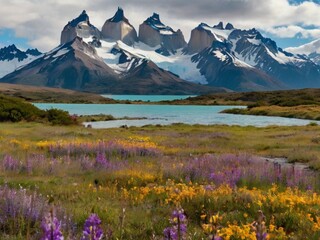 Fototapeta premium Patagonian spring morning, Torres del Paine granite towers framed by meadows of purple and yellow wildflowers.