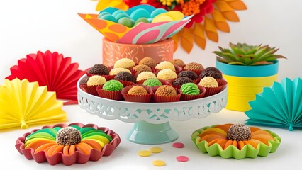 Colorful brigadeiros and decorative accents creating a vibrant, festive, and delicious display