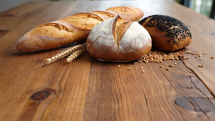 Artisan bread selection on a rustic wooden table with wheat stalks
