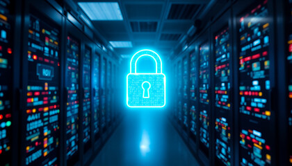 A data center security concept represented by a glowing lock, symbolizing protection