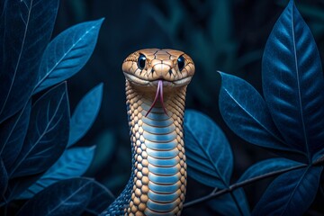 Fototapeta premium Snake Coiled with Tongue Extended Amid Dark Blue Foliage