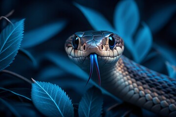 Obraz premium Coiled Snake with Tongue Out Surrounded by Deep Blue Leaves