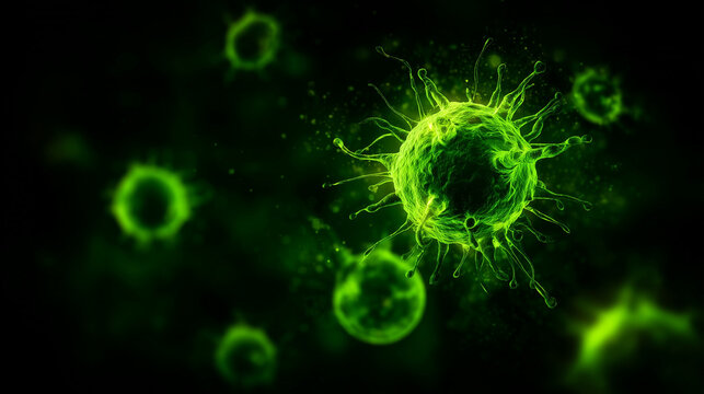 Microscopic view of green virus particles - Powered by Adobe