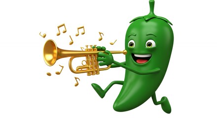 Cartoon chili pepper playing trumpet