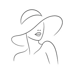 Minimal line art woman in wide‑brim hat with elegant lips and bare shoulders