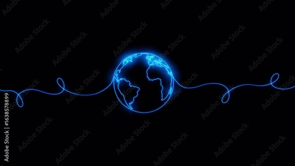 Poster video. continuous pattern of neon land. world map drawn by one line. animation on a black background