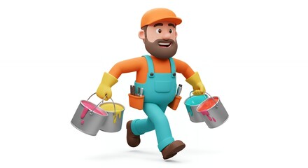 Cartoon painter character running with paint buckets